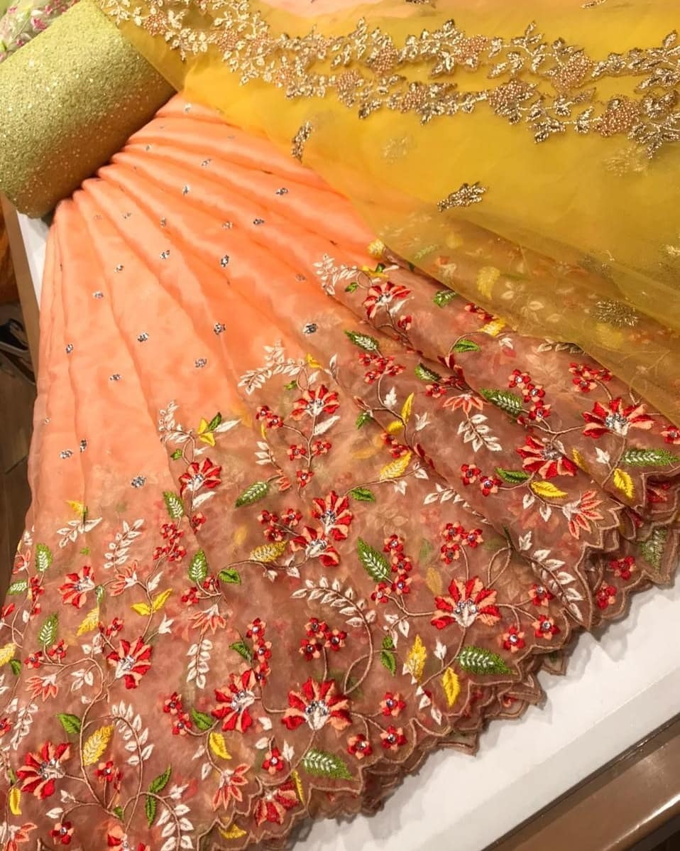 Wedding Wear Peach Color Cut Stone Thread Work Organza Lehenga Choli