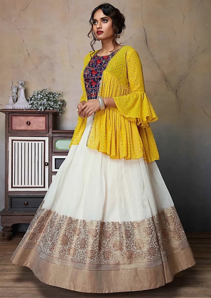 Dazzling Yellow Color Festive Wear Silk Banarasi Zari Work Indo Lehenga Choli