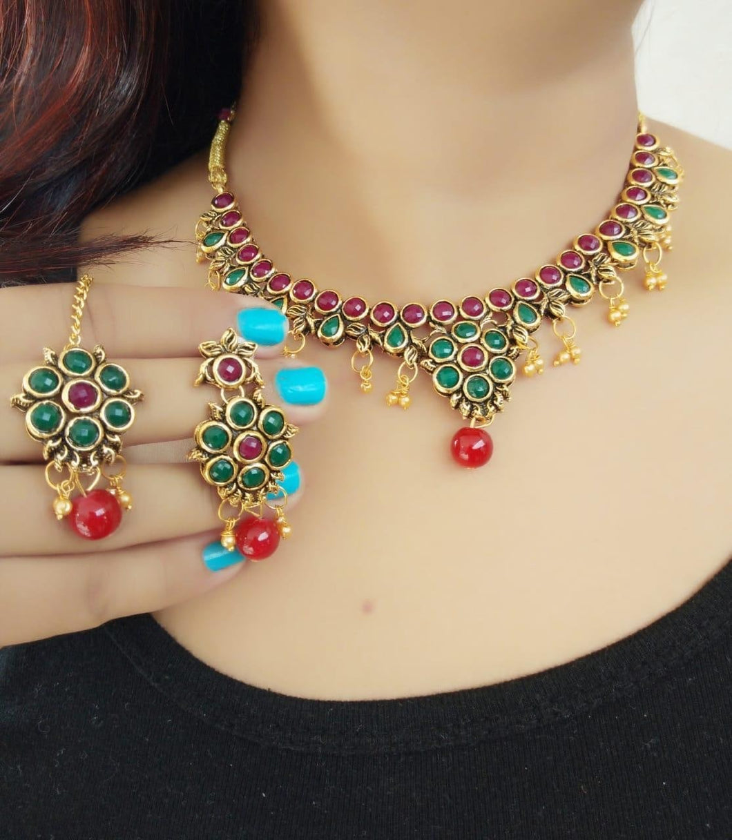Surpassing Multi Stone Golden Imitation Necklace Set For Women