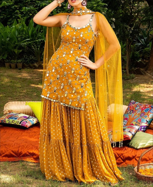 Festive Wear Mustard Color Thread Mirror Sequence Work Silk Sharara Suit For Women