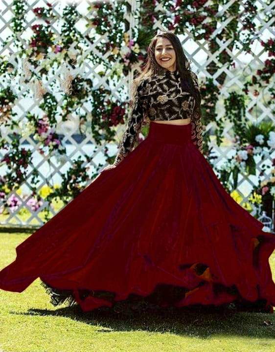 Classic Taffeta Silk 2 Flair Ruffle Style Lehenga With Velvet Work Choli For Women