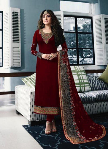 Maroon Color Satin Georgette Embroidered Semi Stitched Straight Cut Suit