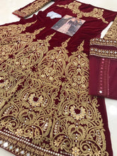 Load image into Gallery viewer, Superlative Maroon Color Designer Real Mirror Embroidered Work Velvet Wedding Wear Salwar Suit
