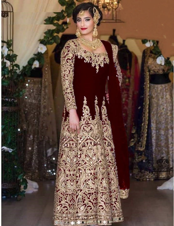 Superlative Maroon Color Designer Real Mirror Embroidered Work Velvet Wedding Wear Salwar Suit