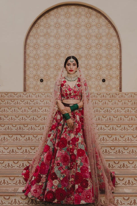 Shattering Maroon Color Flower Multi Thread Diamond Embroidered Work Velvet Wedding Wear Lehenga Choli