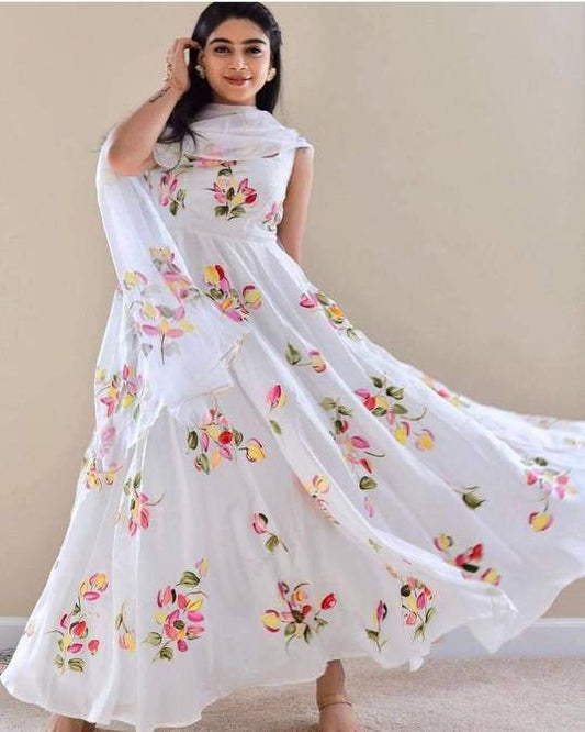 Running Wear White Color Georgette Digital Printed Salwar Suit For Women
