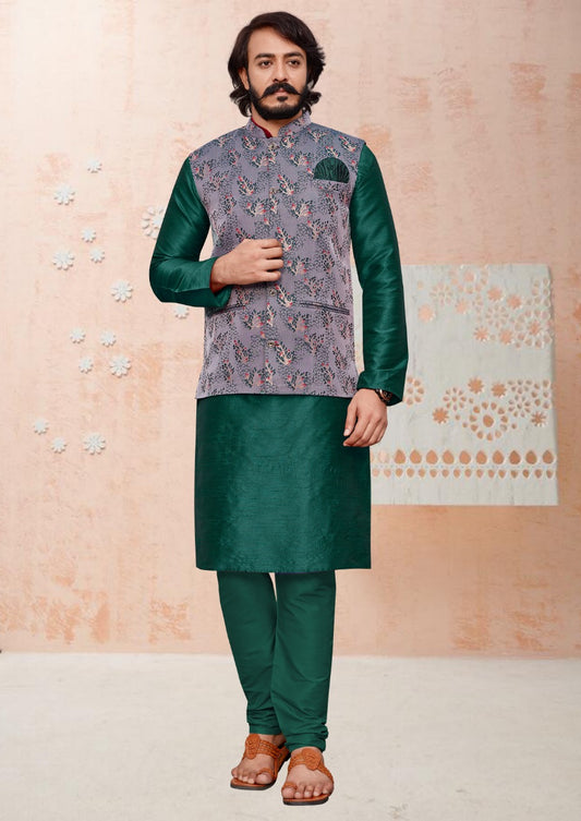 Men's Readymade Premium Kurta Pyjama Set with Jacquard Silk Jacket
