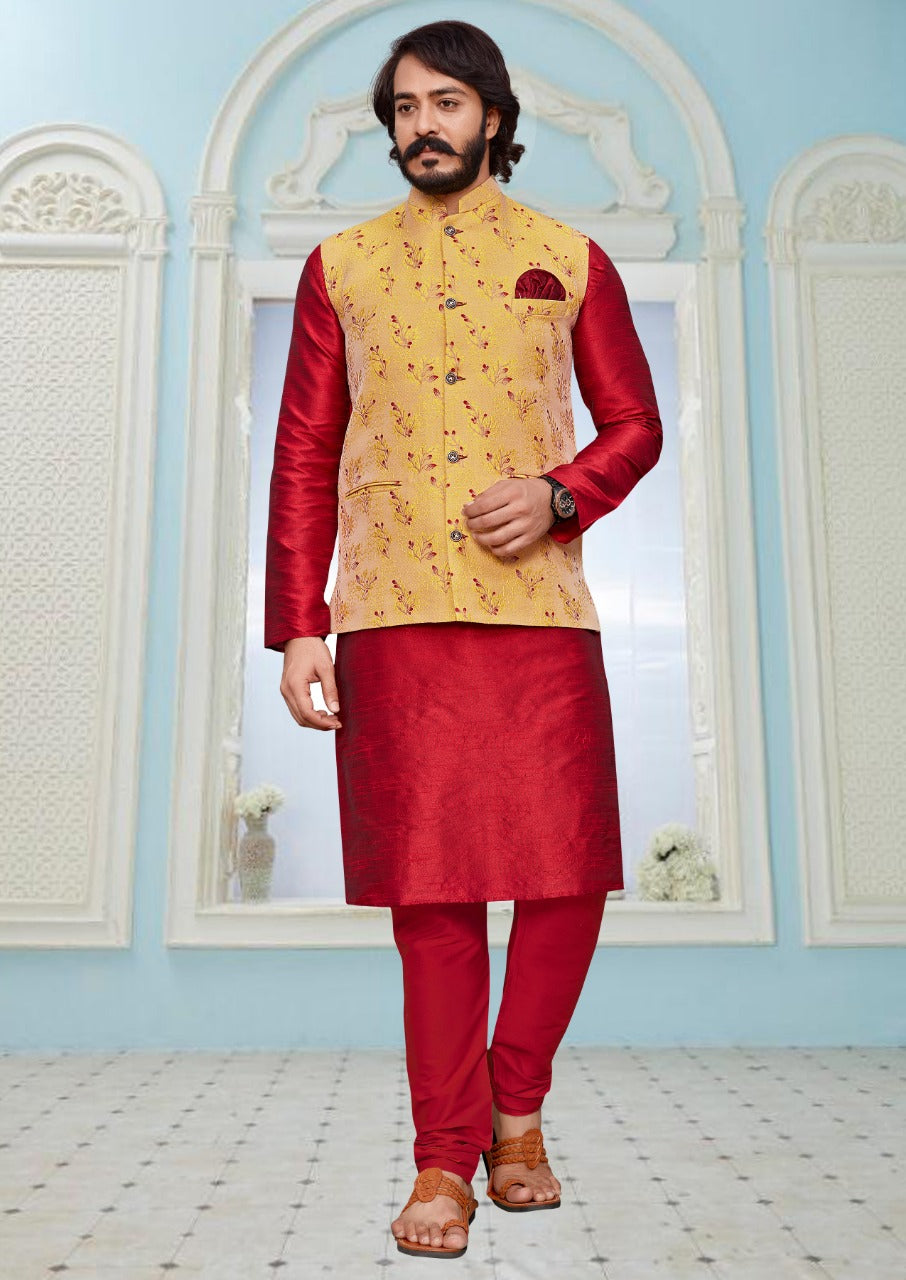 Men's Readymade Premium Kurta Pyjama Set with Jacquard Silk Jacket