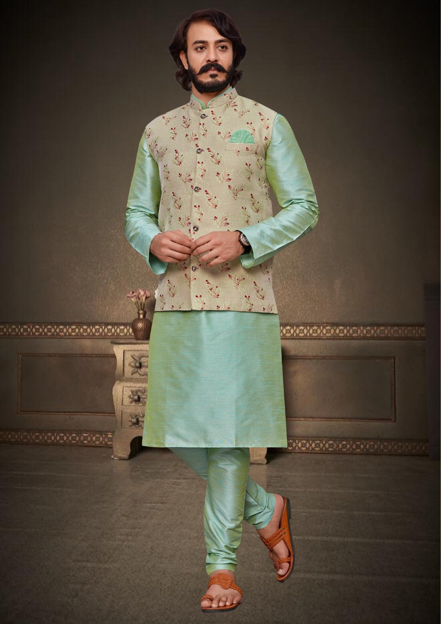 Men's Readymade Premium Kurta Pyjama Set with Jacquard Silk Jacket