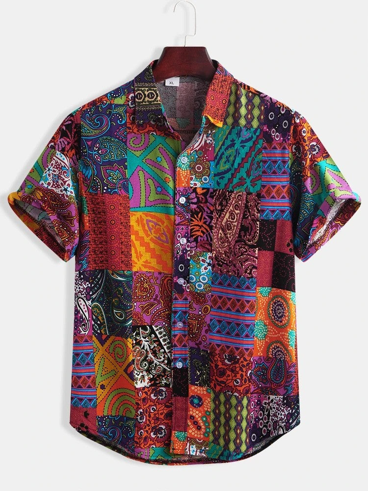 Ethnic Pattern Cotton Floral Printed Casual Shirts For Men