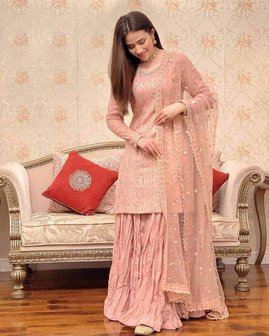 Wonderful Peach Color Georgette Chine Embroidered Work Salwar Suit For Women
