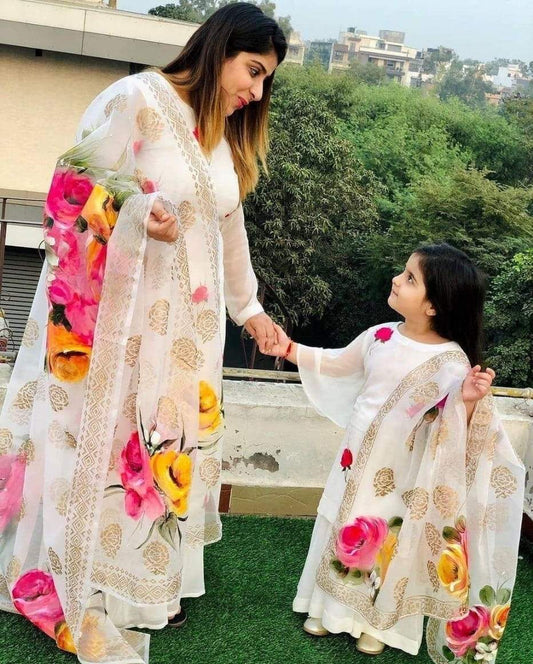White Georgette Printed Ready Made Kurta Plazo Suit Set For Mother Daughter_ stock out