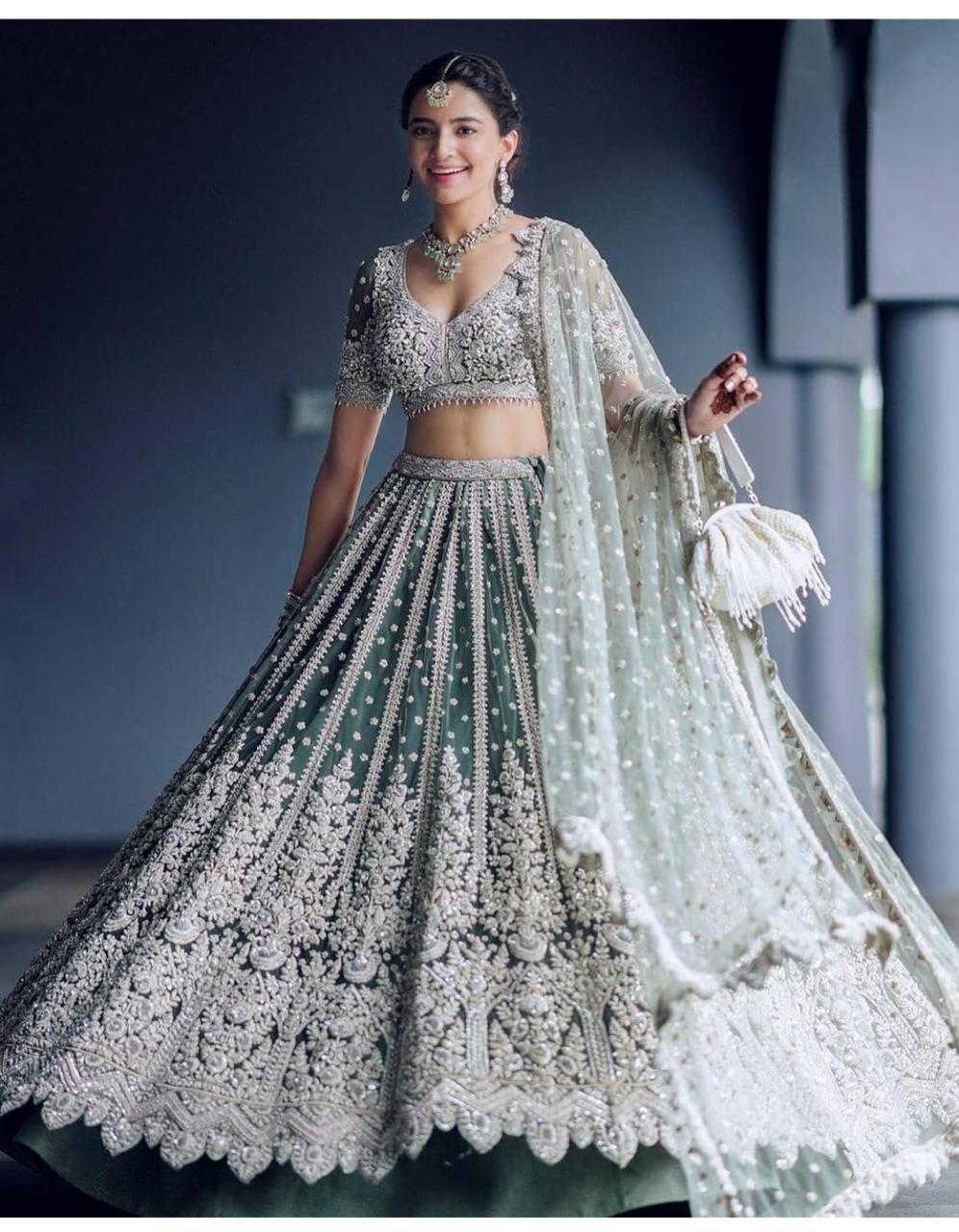 Outstanding Grey Color Chine Sequence Work Soft Net Lehenga Choli For Women