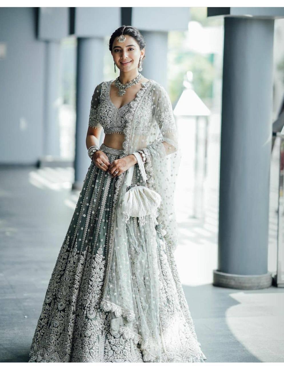 Outstanding Grey Color Chine Sequence Work Soft Net Lehenga Choli For Women