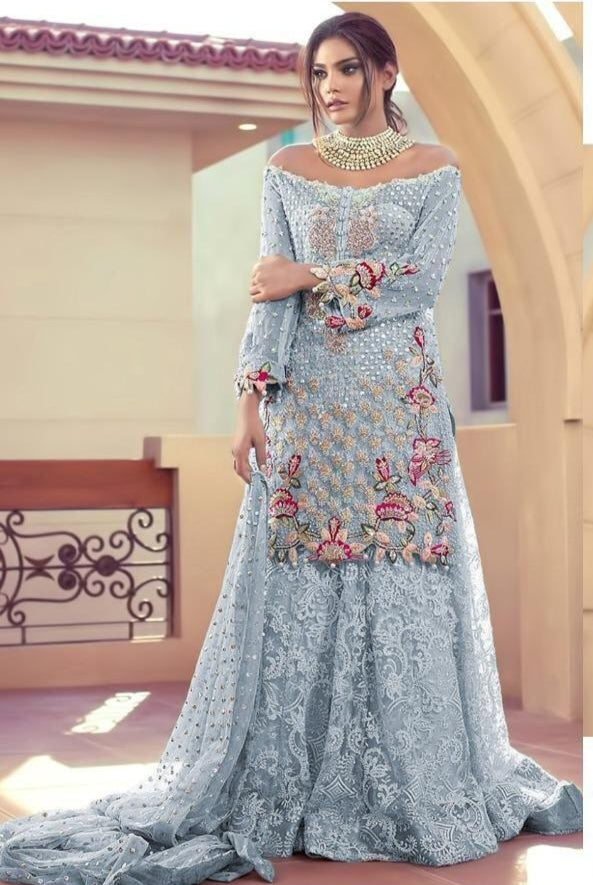 Surpassing Blue Color Party Wear Net Embroidered Work Salwar Suit For Women