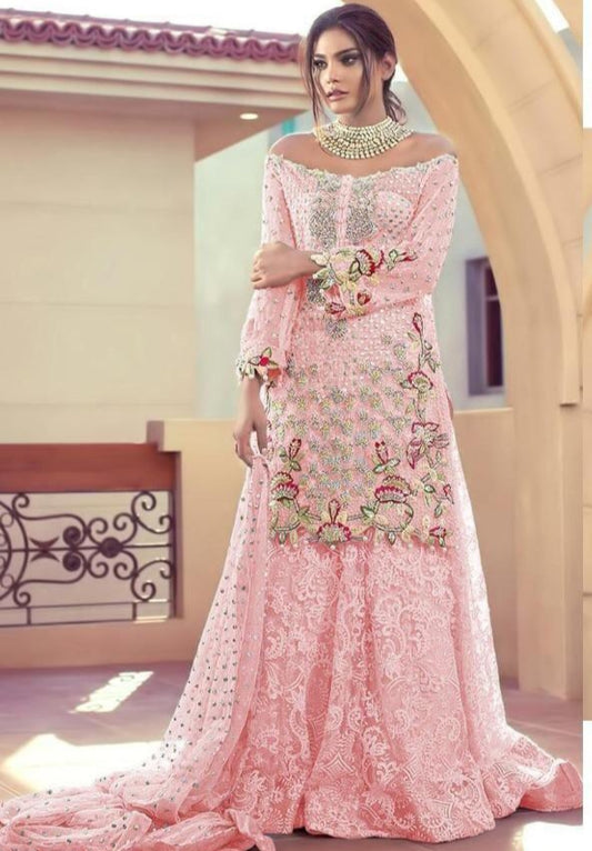 Delightful Pink Color Net Embroidered Sequence Work Salwar Suit For Women