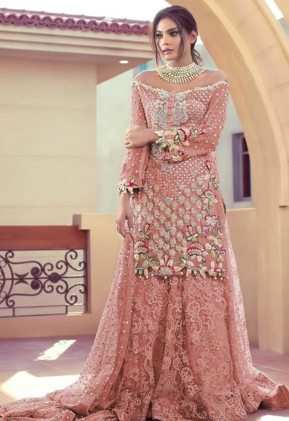 Elegant Peach Color Sequence Diamond Work Net Salwar Suit For Women
