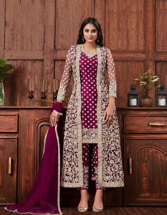 Trendy Magenta Color Net Stone Embroidered Work Salwar Suit For Women