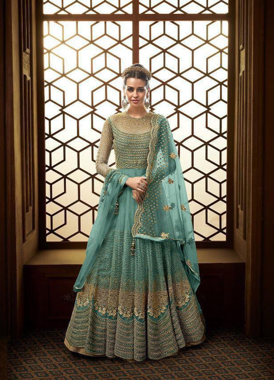 Striking Light Blue Color Embroidered Work Net Designer Salwar Suit For Ladies