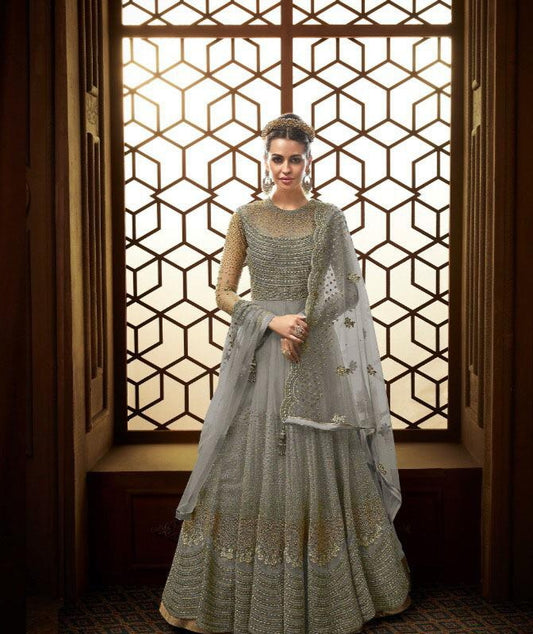 Adorable Grey Color Diamond Designer Work Party Wear Net Salwar Suit