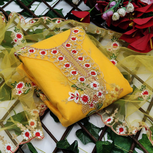 Admiring Yellow Color Regular Wear Net Diamond Embroidered Work Salwar Suit