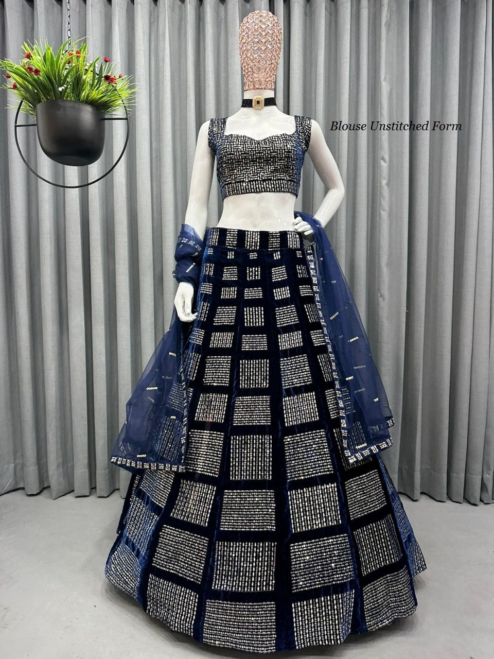 Navy Blue Soft Velvet Sequence Embroidered Designer Lehenga Choli