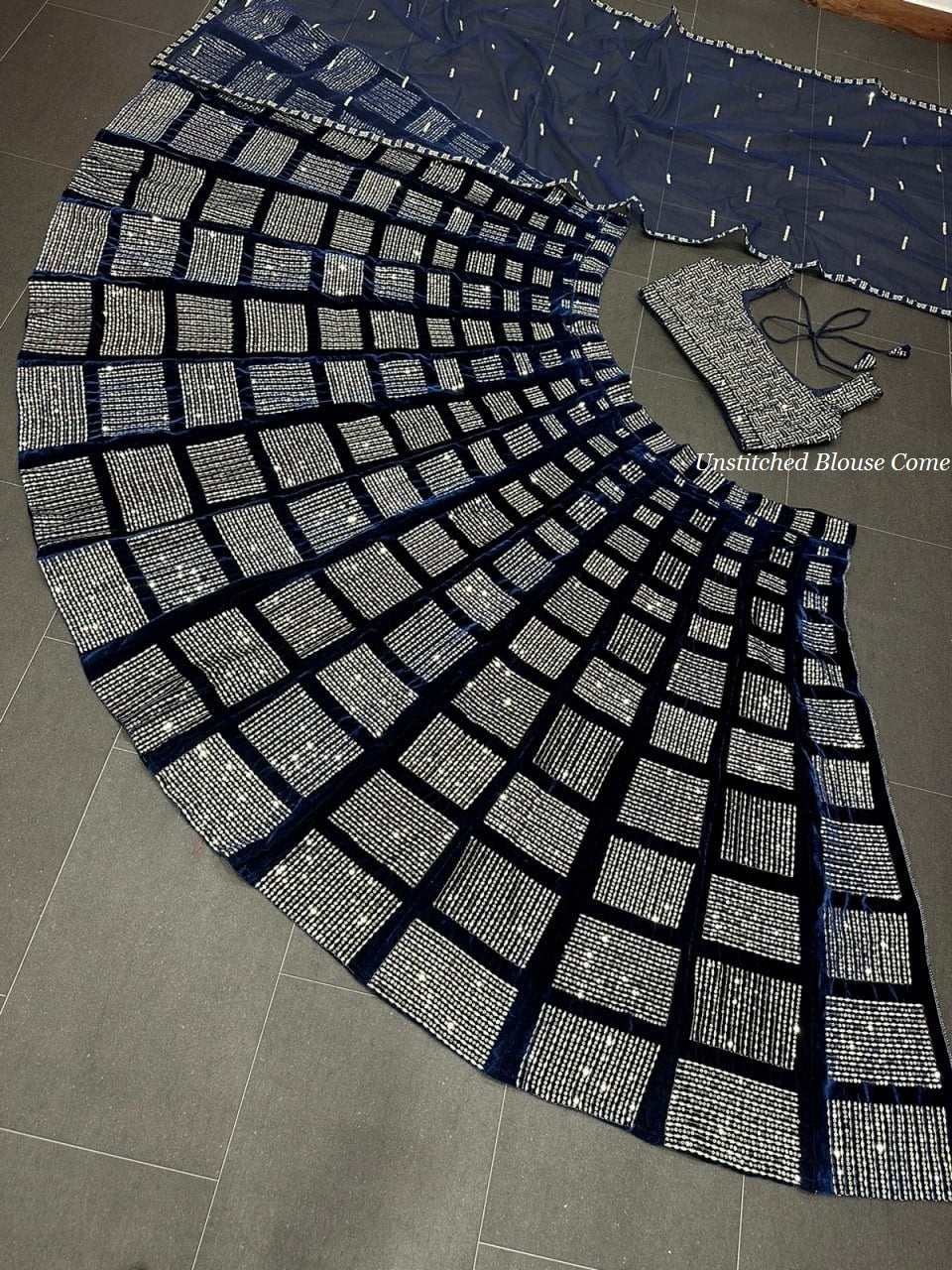 Navy Blue Soft Velvet Sequence Embroidered Designer Lehenga Choli