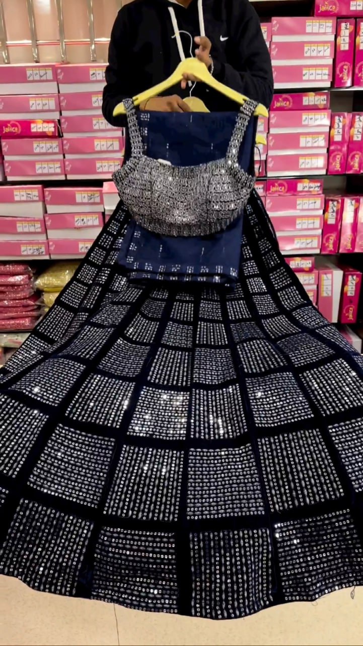 Navy Blue Soft Velvet Sequence Embroidered Designer Lehenga Choli