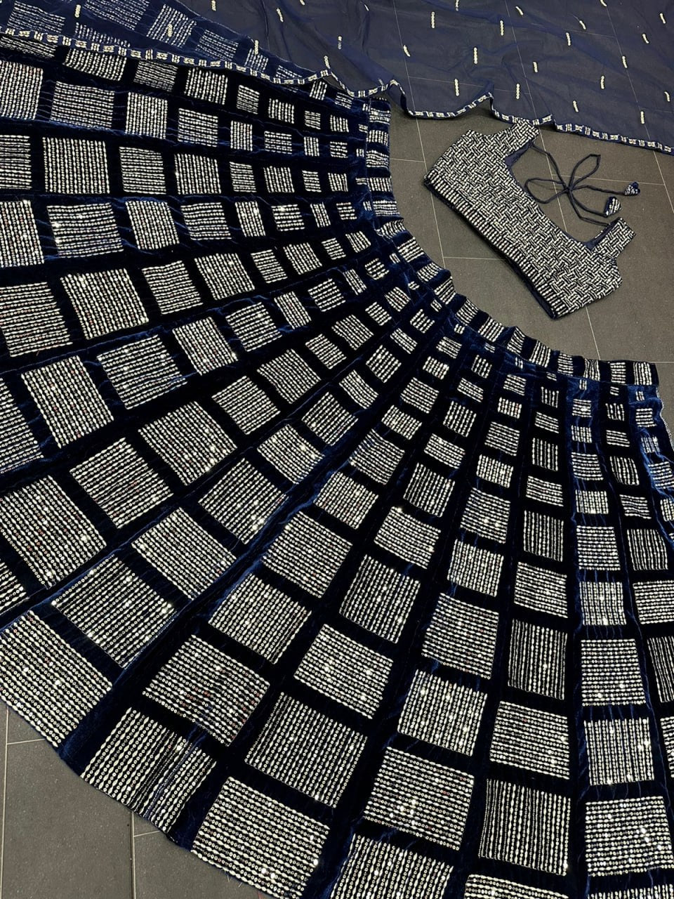 Navy Blue Soft Velvet Sequence Embroidered Designer Lehenga Choli