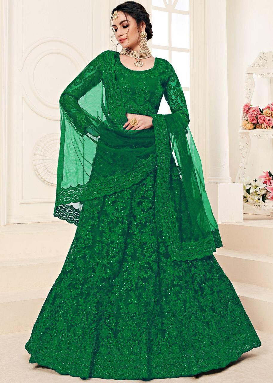 Fabulous Green Color Function Wear Stone Designer Diamond Embroidered Work Soft Net Lehenga Choli For Women