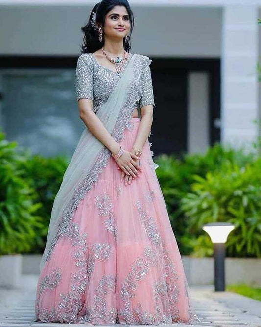 Gorgeous Pink Color Designer Silver Thread Sequence Embroidered Work Net Lehenga Choli
