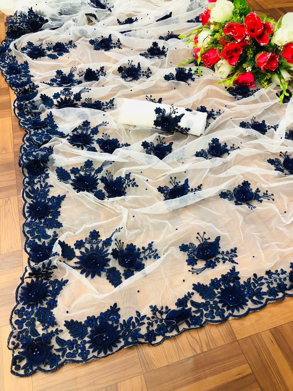 Thrilling White Color Wedding Wear Net Diamond Flower Work Saree Blouse