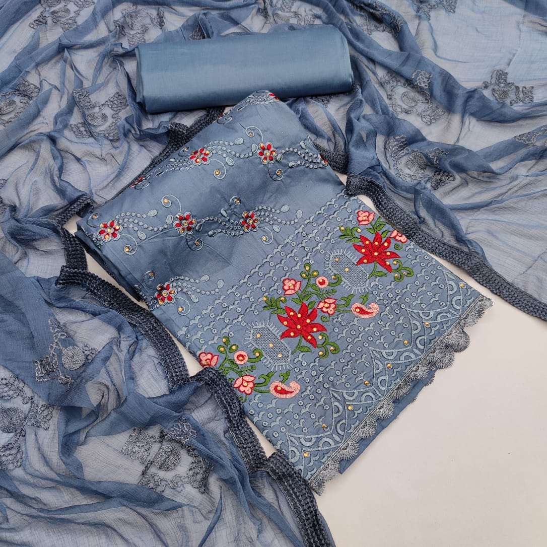 Casual Wear Grey Color Embroidered Work Cotton Salwar Suit