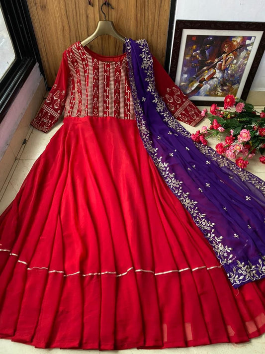 Starling Red Color Party Wear Georgette Embroidered Work Gown Dupatta