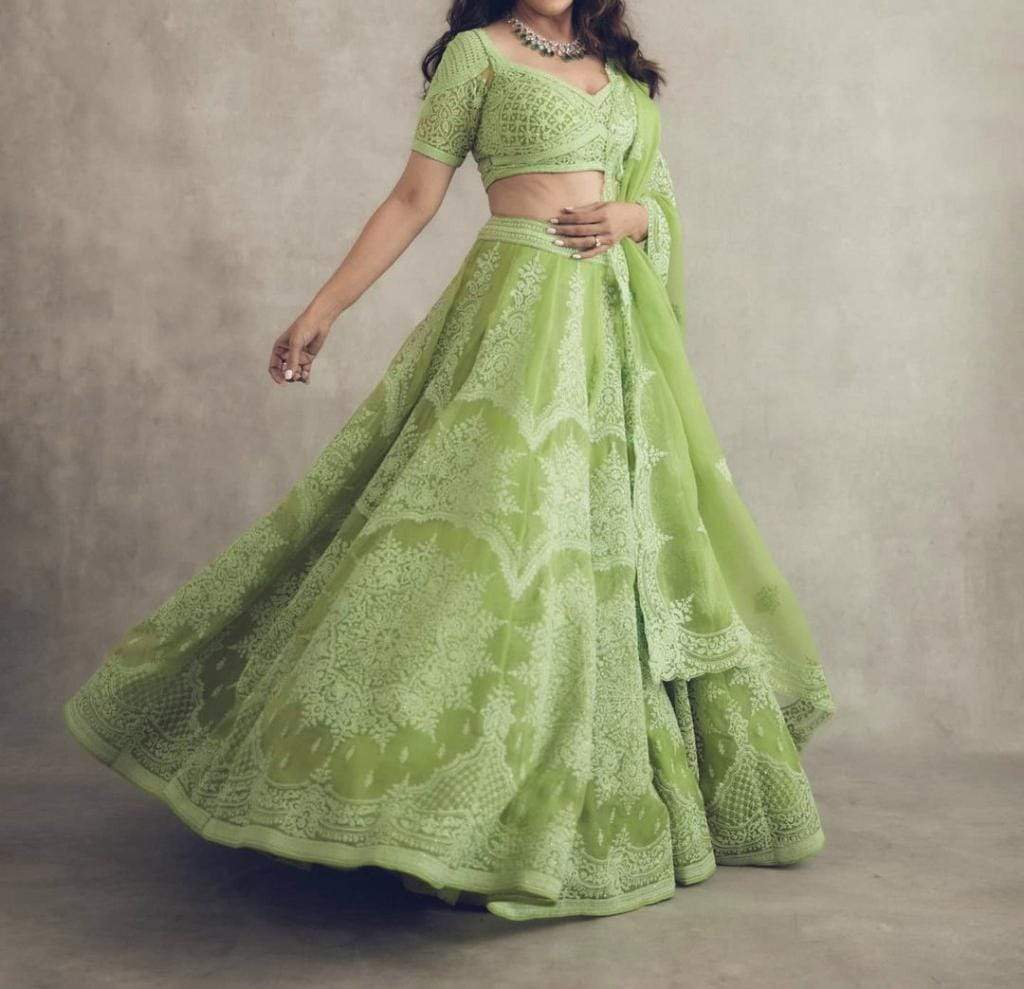 Mind-blowing Green Color Nylon Net Embroidered Work Lehenga Choli For Ladies