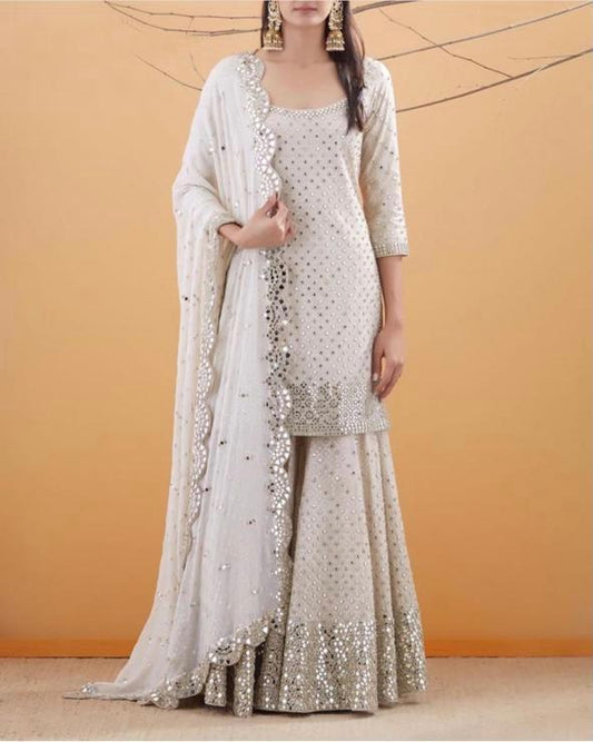 Party Wear Off White Color Embroidered Work Georgette Sharara Salwar Suit