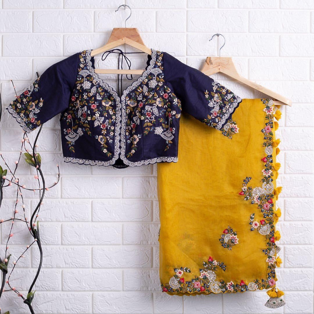 Graceful Yellow Color Organza Silk Designer Sequence Work Saree Blouse For Women