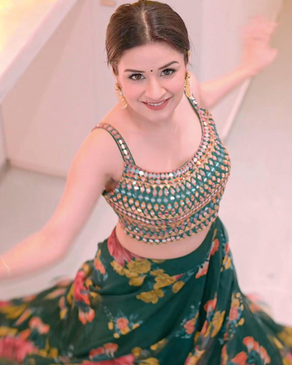 Shattering Green Color Mirror Printed Work Organza Silk Festival Wear Lehenga Choli