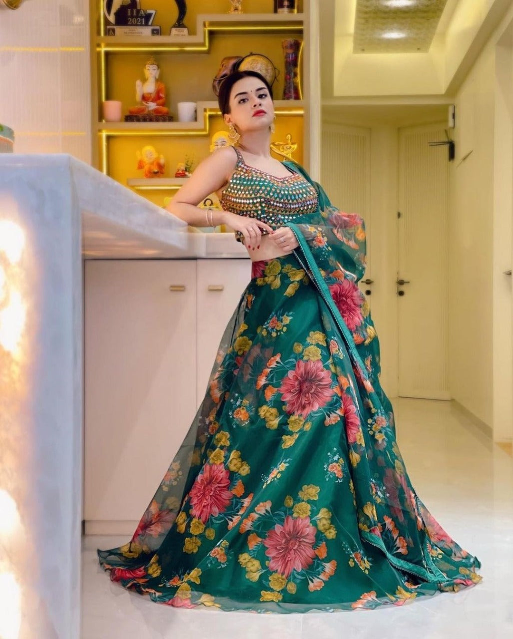 Shattering Green Color Mirror Printed Work Organza Silk Festival Wear Lehenga Choli