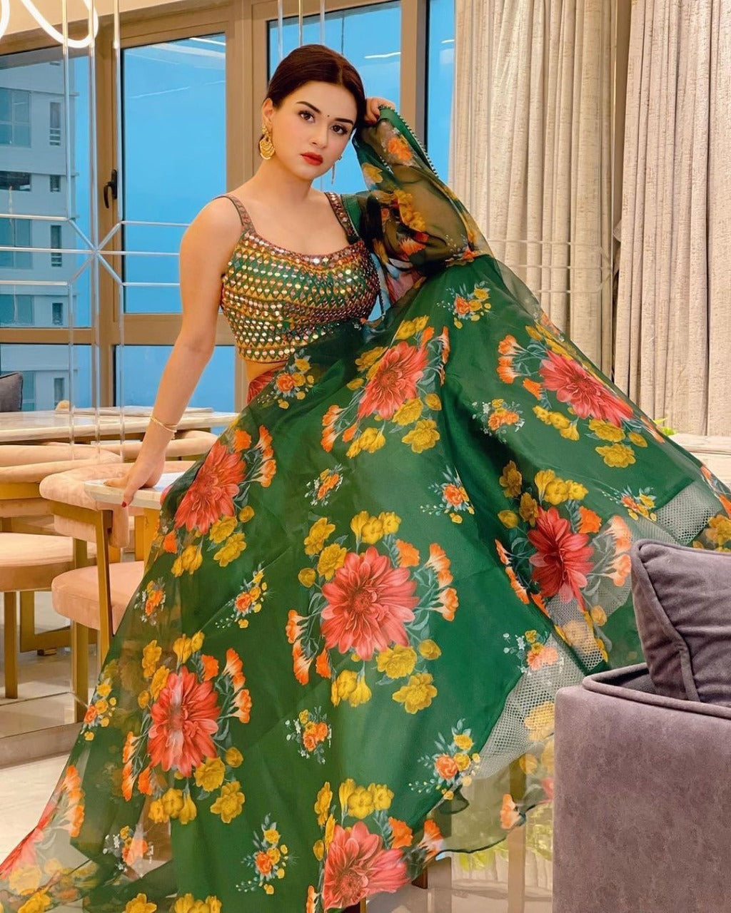 Shattering Green Color Mirror Printed Work Organza Silk Festival Wear Lehenga Choli