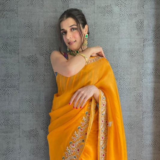 Phenomenal Mustard Color Organza Silk Thread Work Saree Blouse For Women