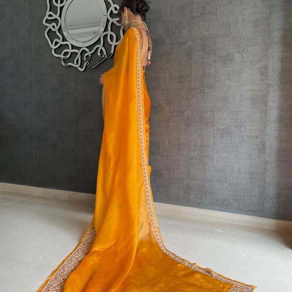 Phenomenal Mustard Color Organza Silk Thread Work Saree Blouse For Women
