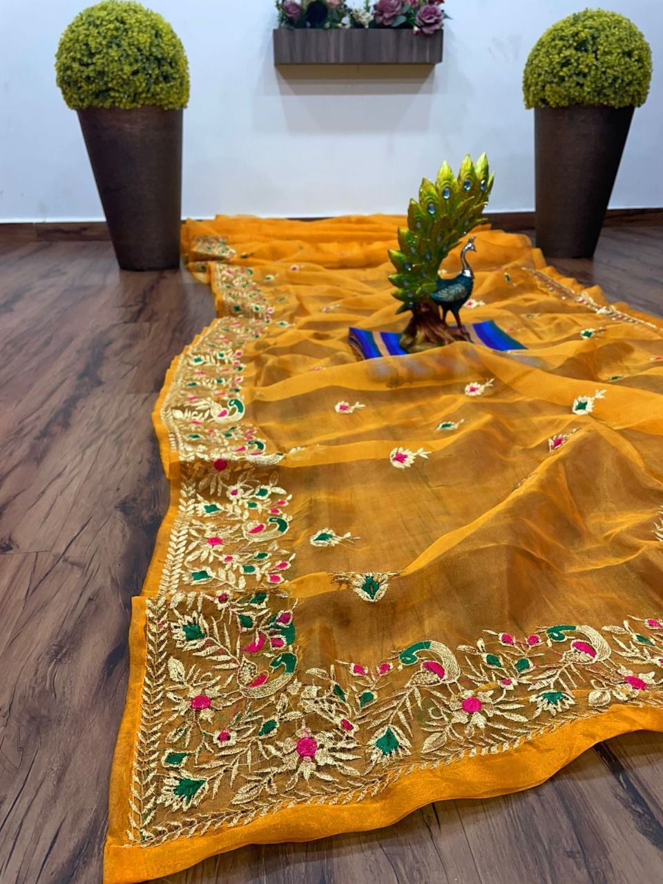 Phenomenal Mustard Color Organza Silk Thread Work Saree Blouse For Women