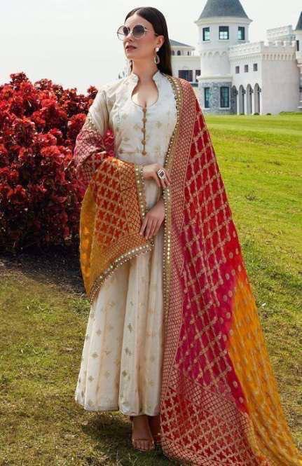 Enhancing Off White Color Function Wear Full Stitched Rayon Golden Printed Dupatta Gown For Women