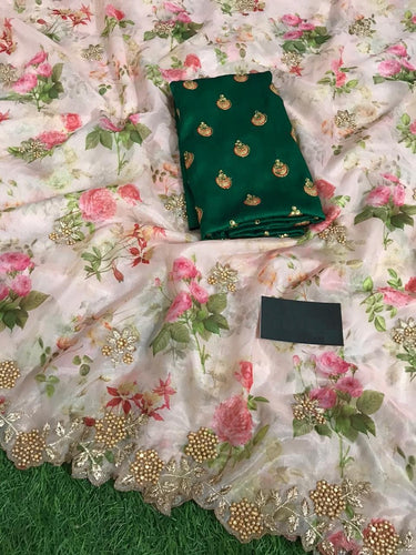 Wedding Wear Organza Silk Printed Saree Blouse For Women