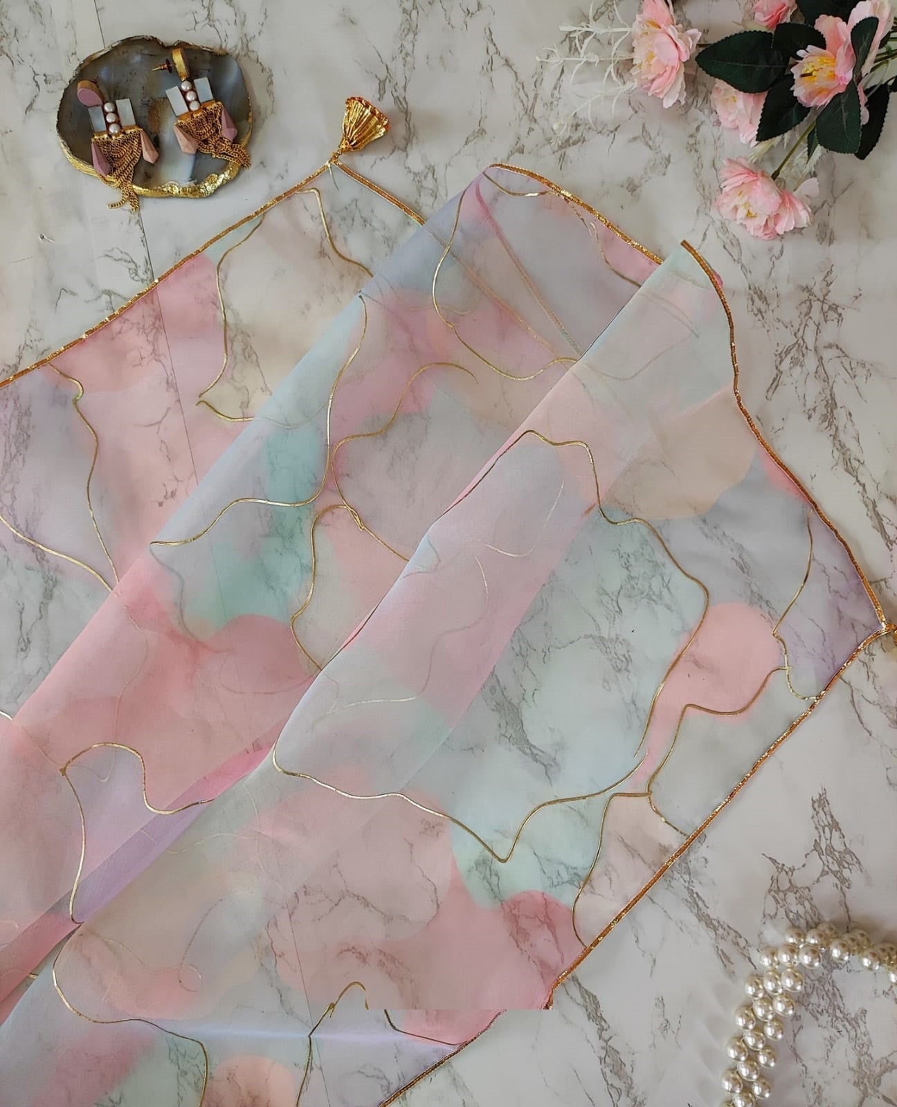 Amazing Pure Organza Silk With Hand Foil Print MultiColor Saree Blouse For Women