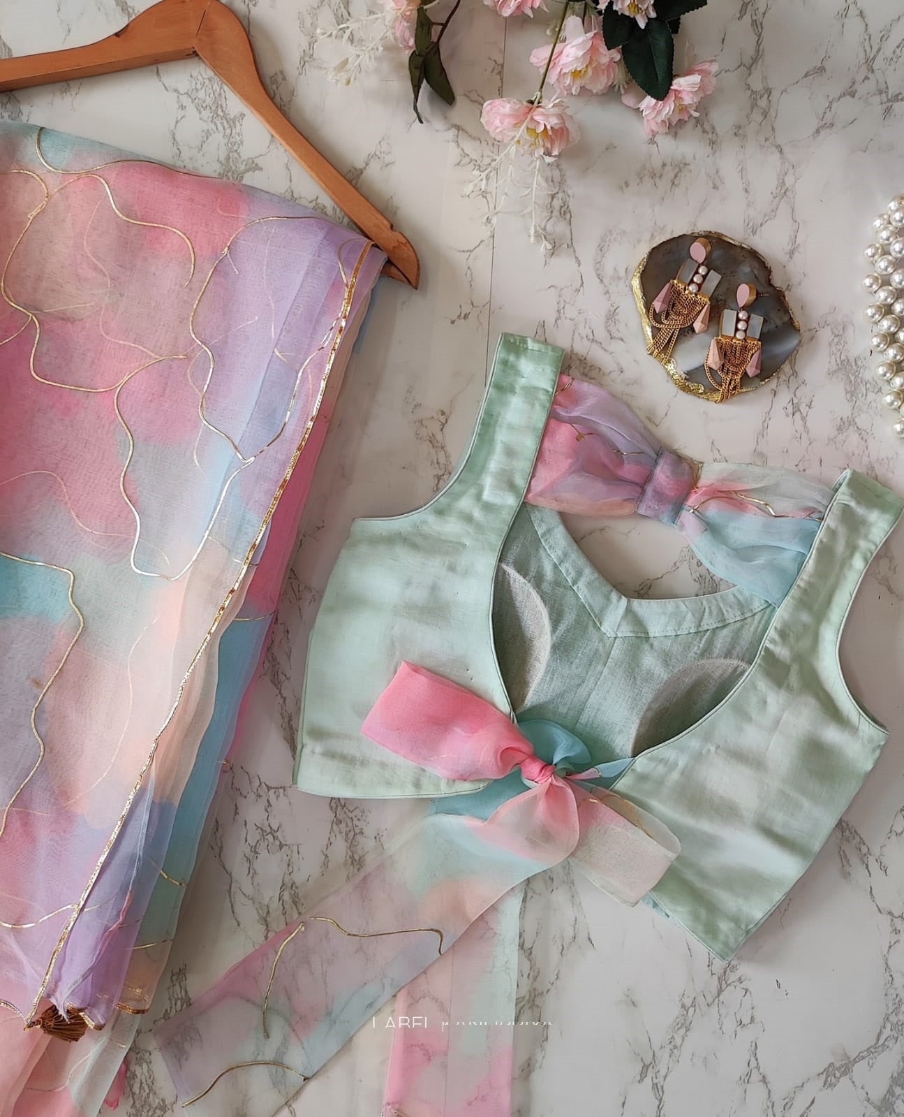 Amazing Pure Organza Silk With Hand Foil Print MultiColor Saree Blouse For Women