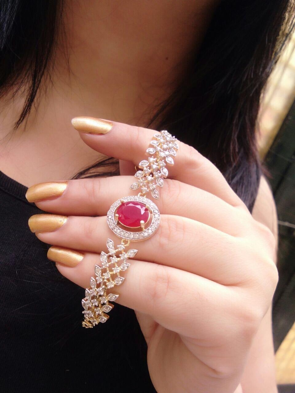 Captivation Pink Color Diamond Golden Artificial Bracelet For Party Wear