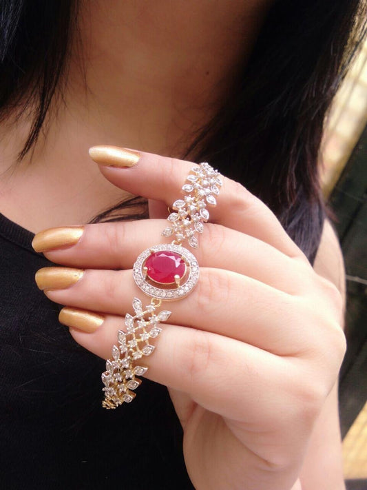Captivation Pink Color Diamond Golden Artificial Bracelet For Party Wear