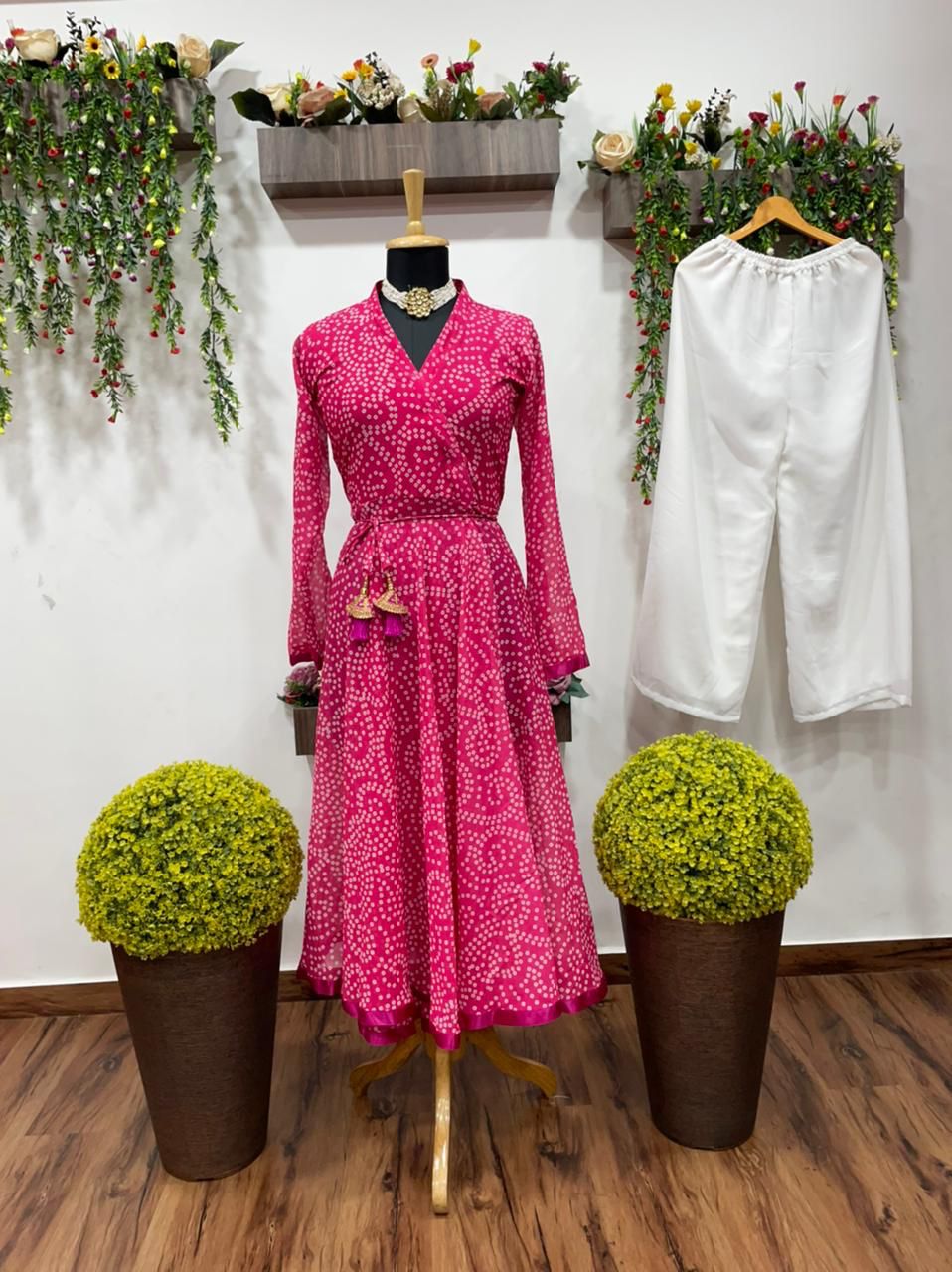 Shattering Rani Pink Color Georgette Printed Festive Wear Ready Made Pent Kurti